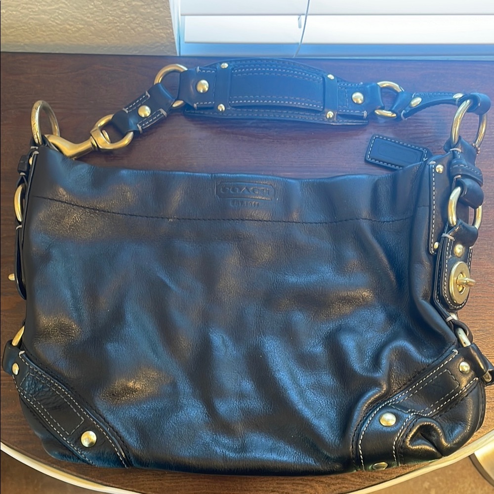Coach Black Leather Shoulder Bag with Gold Hardware